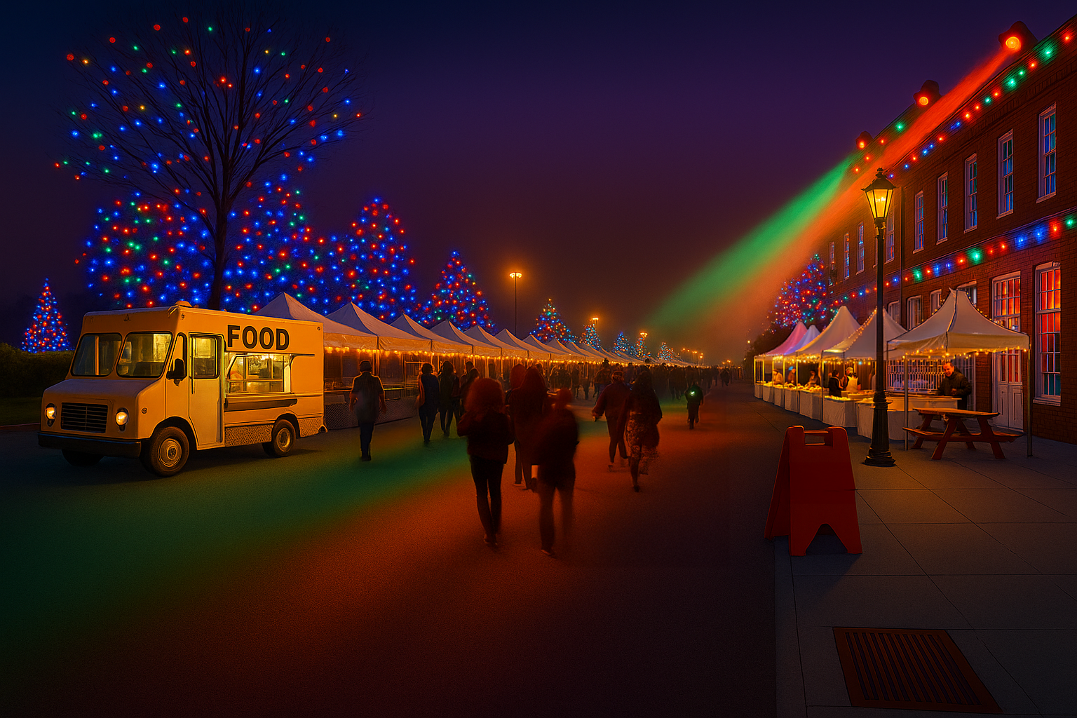 Holiday market with food trucks and vendors
